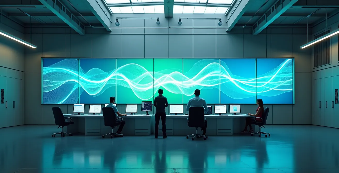 Centre de contrôle industriel avec tableaux de bord énergétiques temps réel