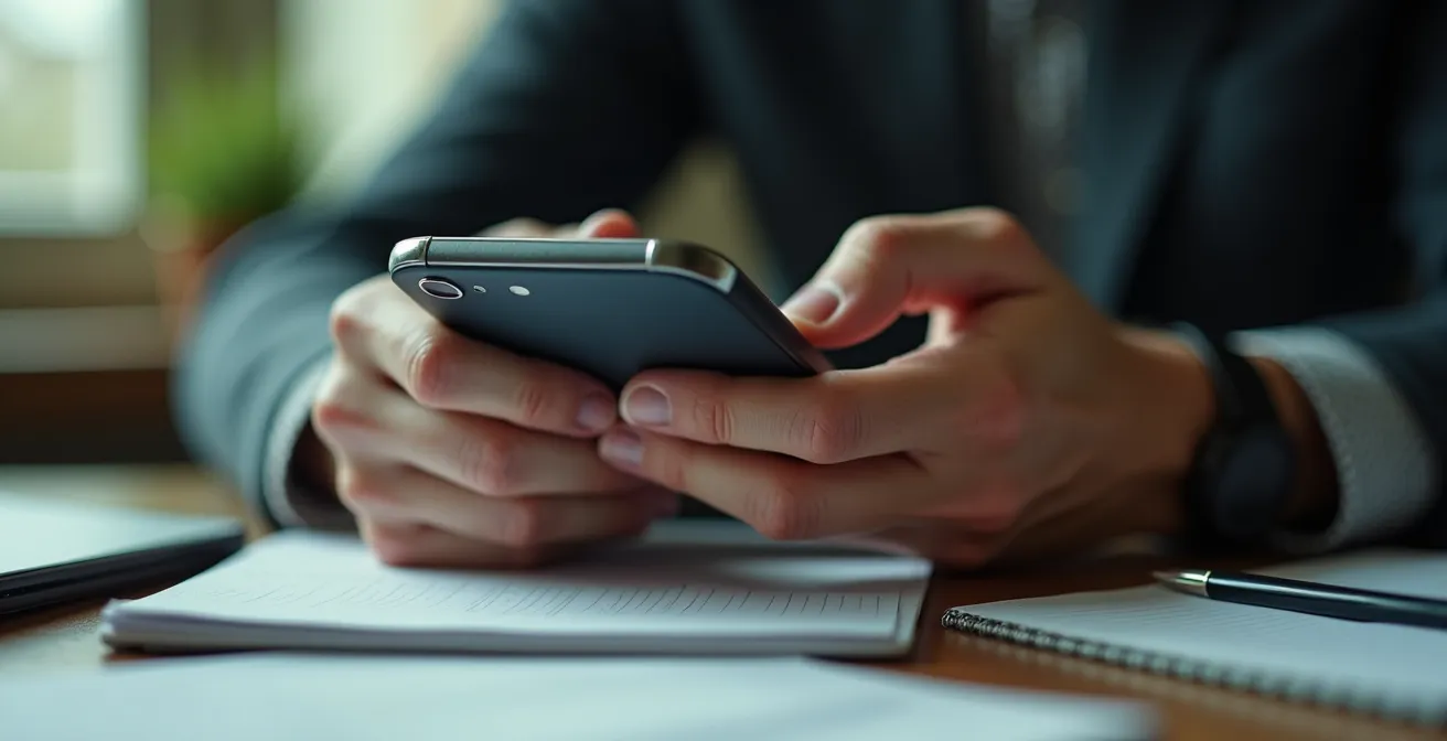 Gros plan sur des mains tenant un smartphone pendant un appel, avec carnet de notes visible en arrière-plan flou