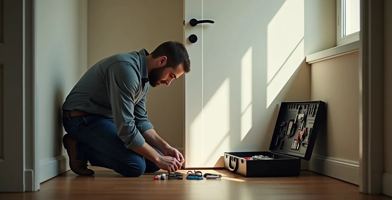 Vue d'ensemble d'un serrurier examinant une serrure multipoint avec sa boîte à outils professionnelle ouverte à côté